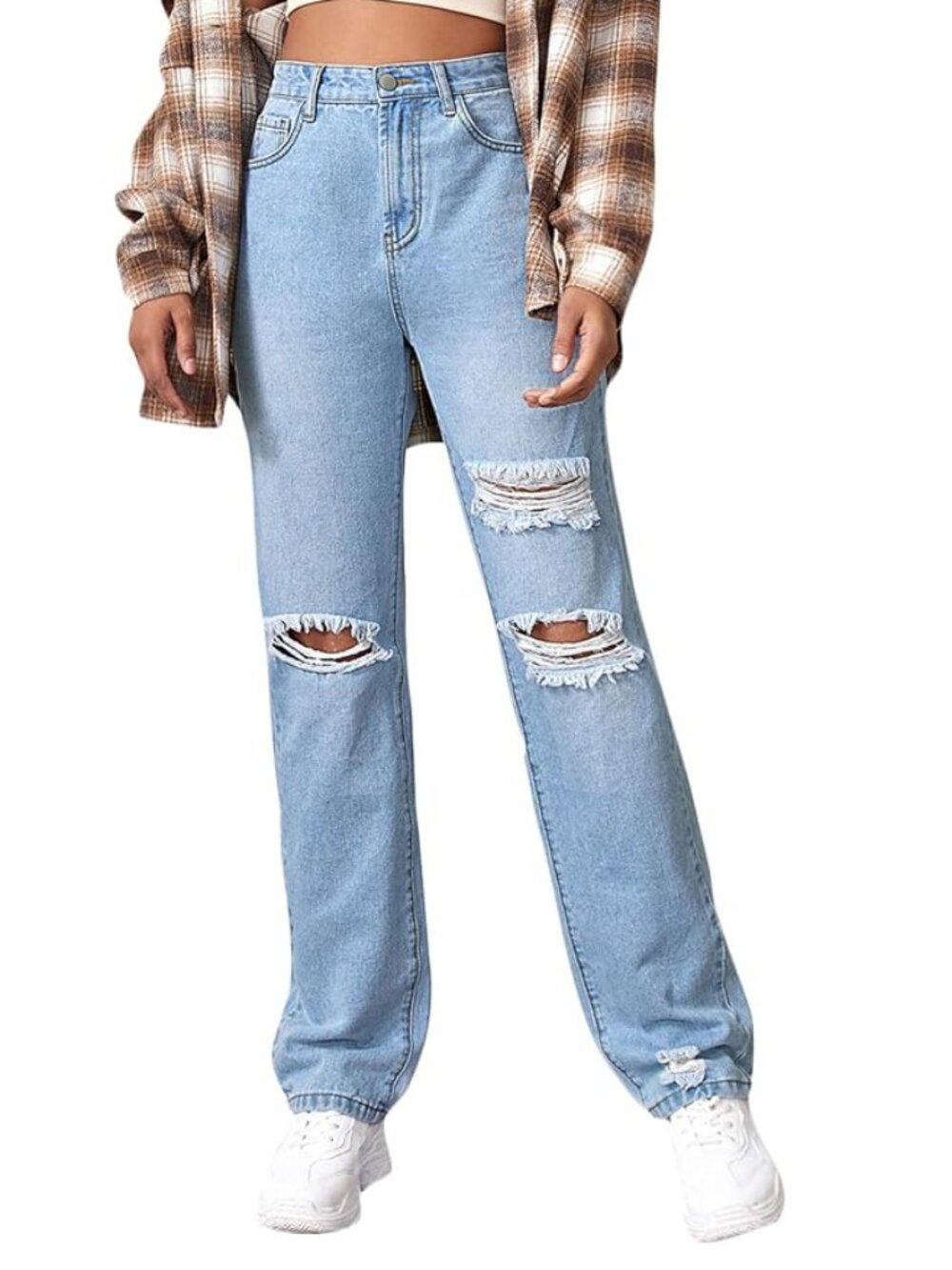 Women's Straight Leg High-Waist Ripped Cutout Jeans - light blue - size xs